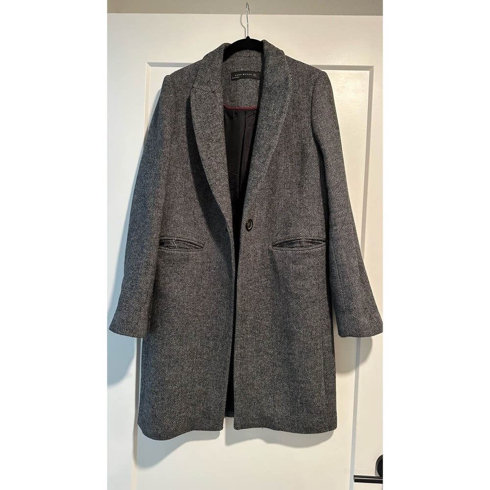 Zara Double Breasted Coat - Grey/Herringbone